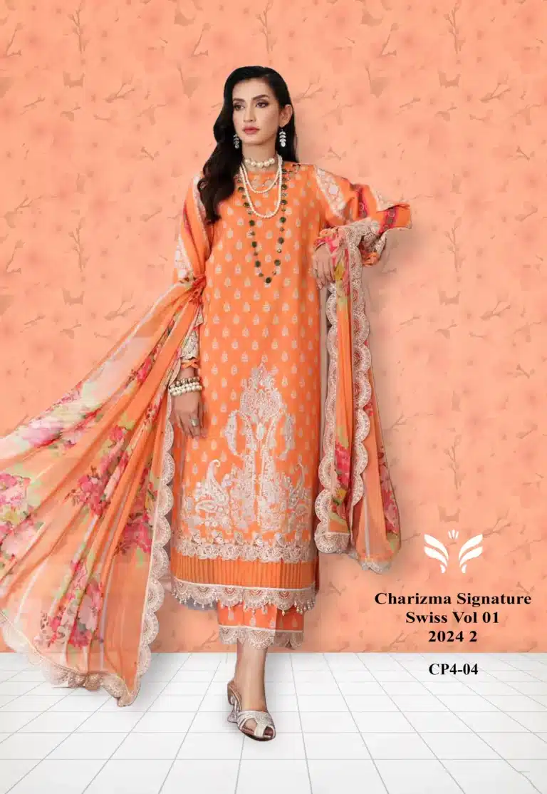 Charizma Orange Unstitched Three Piece