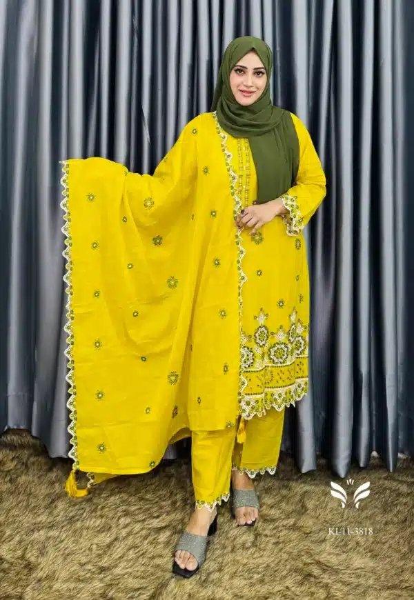 Pakistani Boutique Inspired Yellow Stiched Three Piece - Image 3
