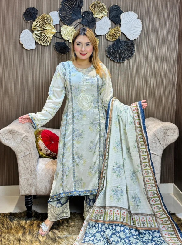 Pakistani  inspired stitched 3 piece kameez set - Image 3